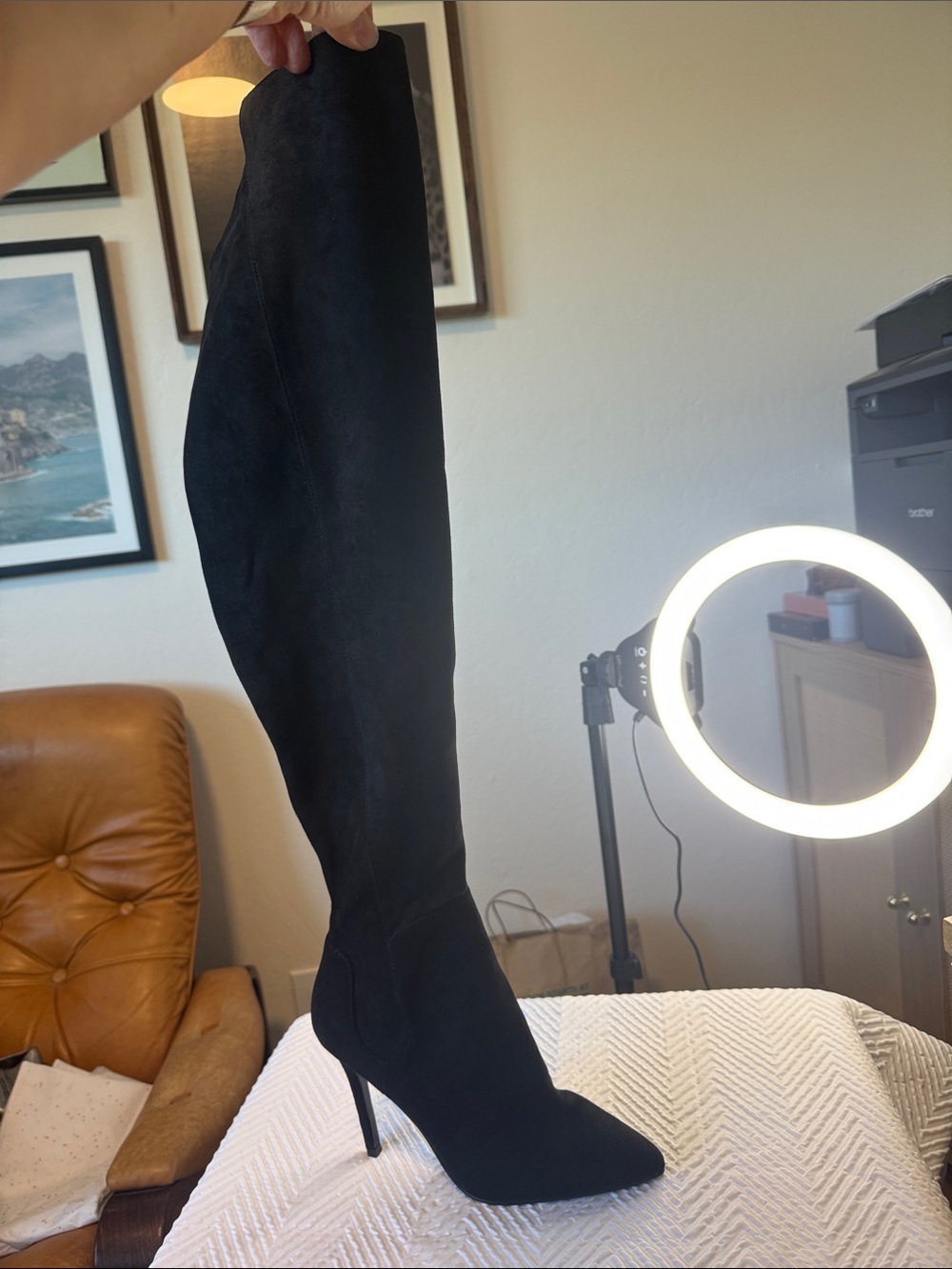 Charles David Black Suede Over-the-Knee Pointed Stiletto Boots